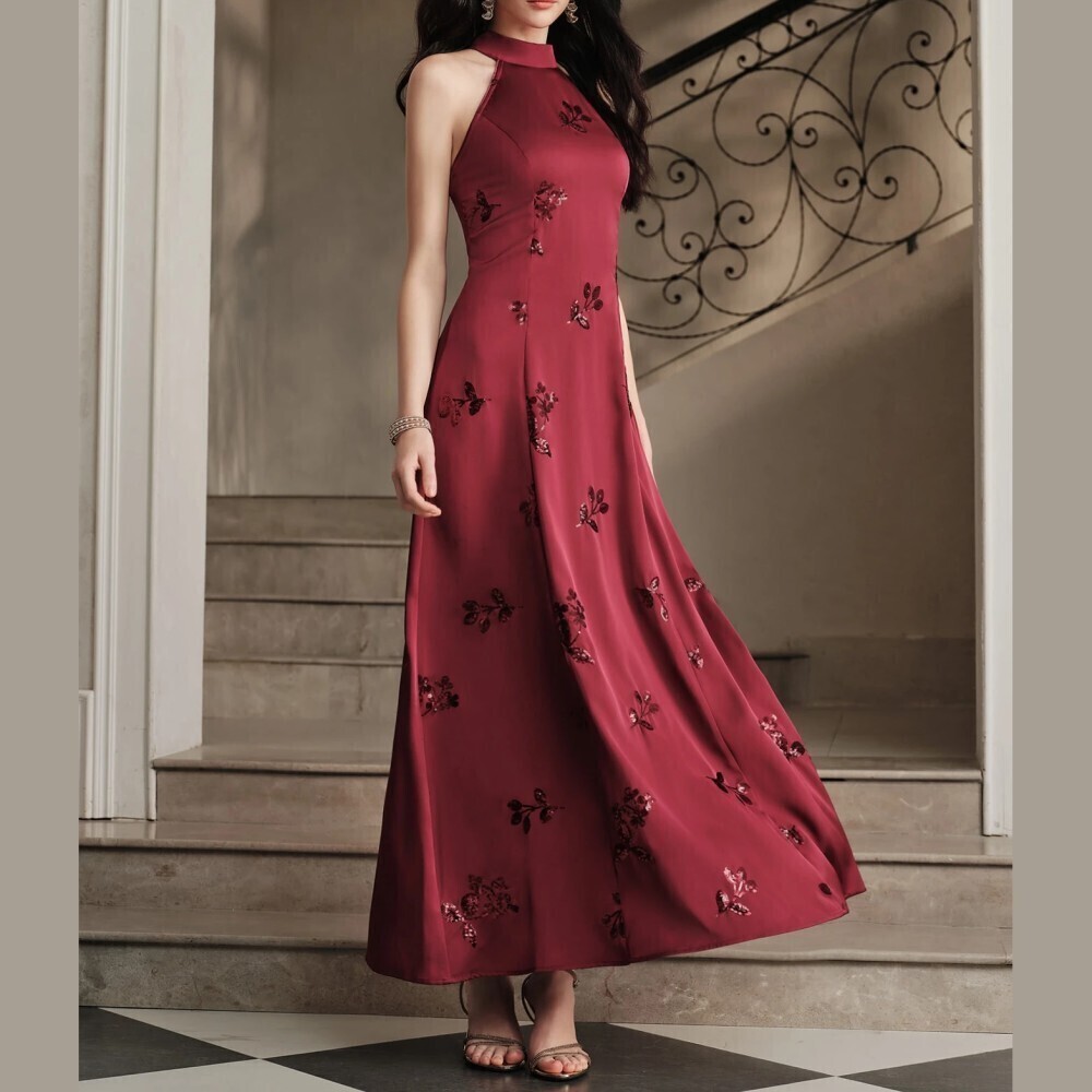 Burgundy Sequin Floral Halter Neck A-Line Maxi Dress